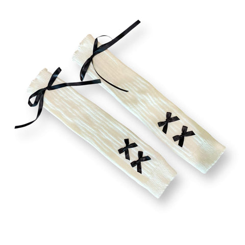 Ribbons Arm Sleeve Knit Gloves white with black silky lace ribbons arm cover