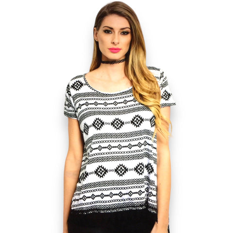 Boho Tribal Short Sleeve Crochet Trim Top - Wild Time Fashion 