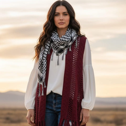 cotton plaid tassel trim scarf wrap 40 inch square breathable lightweight unisex checkered headscarf neck scarf hair scarf in green black, blue black, brown black, white black , gray black 