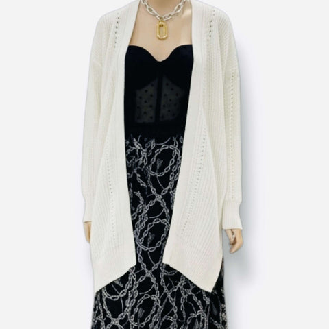 Cozy white open front chunky rib knit cardigan sweater with long sleeves, side pockets, subtle pointelle detailing, and split sides, women’s size large