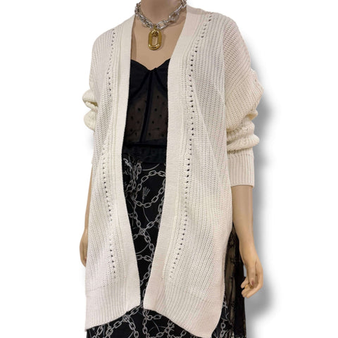 Cozy white open front chunky rib knit cardigan sweater with long sleeves, side pockets, subtle pointelle detailing, and split sides, women’s size large