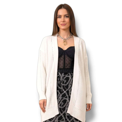 Cozy white open front chunky rib knit cardigan sweater with long sleeves, side pockets, subtle pointelle detailing, and split sides, women’s size large