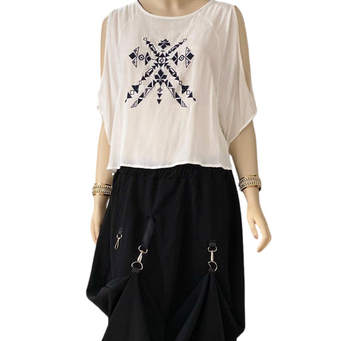 White Cold Shoulder Black Tribal Embroidery Top