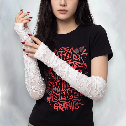 Distressed Ripped Sleeves Gloves with shredded fingerless thumbhole design white 