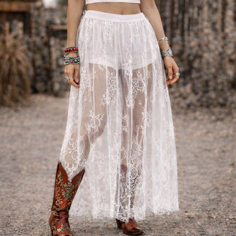 Floral Lace Mesh Maxi Skirt white shorts lined a-line skirt large 