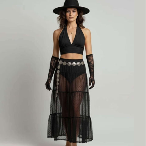 High waist mesh polka dot maxi skirt see through with elastic waistband, shown in black or white, festival-ready A-line layering skirt