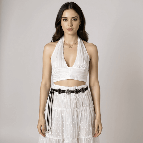 Round Medallion Braided Tassel Belt boho western adjustable black silver aztec fringe belt