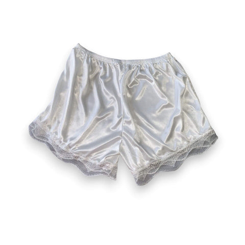 White Petti Slip Boxer Laced Shorts flat lay white background