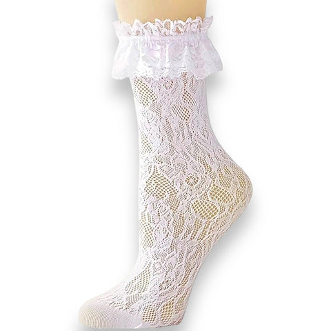 Women's White Lace Topper Stocking  Tall Ankle Socks - One Size - Wild Time Fashion
