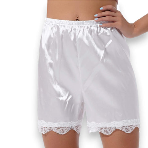 White Petti Slip Boxer Laced Shorts worn on model white background