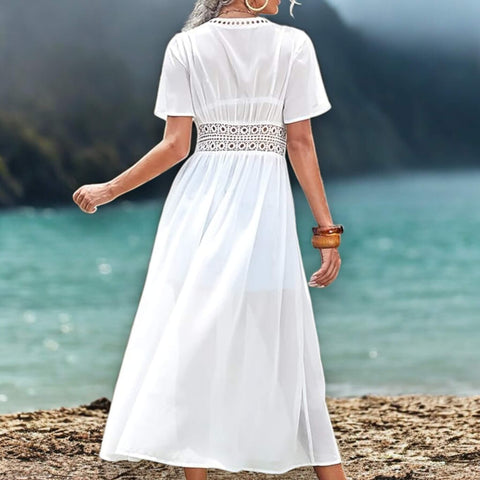 V Neck Waist Tie Long Beach Cover Up