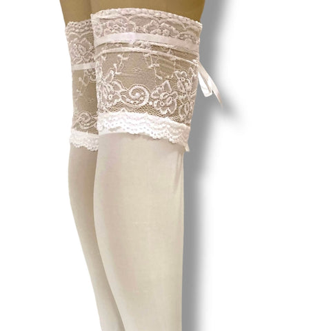 lace-top over-knee white stockings styled with ribbon closure