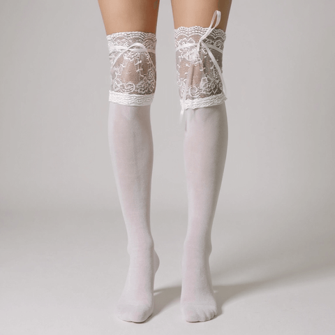lace-top over-knee white stockings styled with ribbon closure