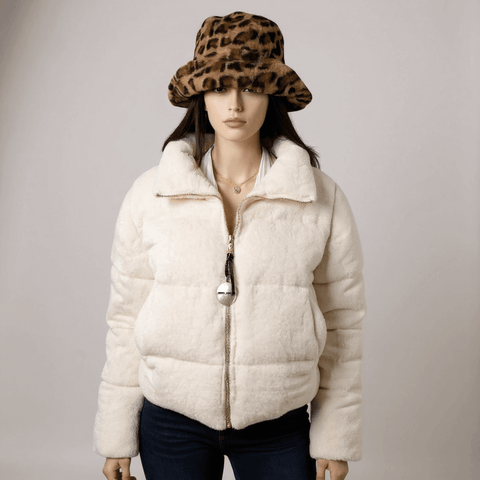 Woman wearing Black Label Juicy Couture white cropped sherpa puffer coat with brand black pull tab & bubbler on gold zipper