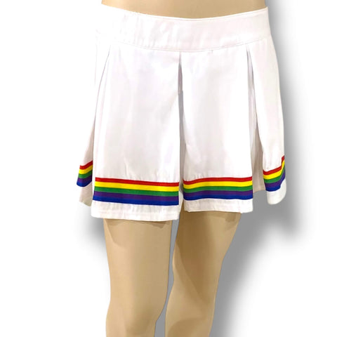White pleated rainbow mini skirt by Club Exx with wide pleats and rainbow trim, plus size pride skirt, inspired rave festival fashion