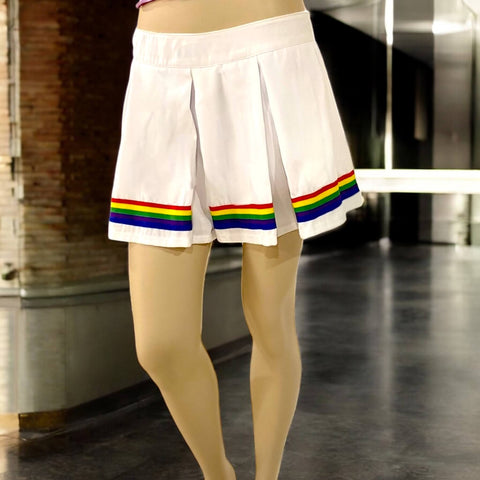 White pleated rainbow mini skirt by Club Exx with wide pleats and rainbow trim, plus size pride skirt,  inspired rave festival fashion