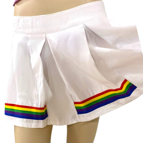 White pleated rainbow mini skirt by Club Exx with wide pleats and rainbow trim, plus size pride skirt, inspired rave festival fashion