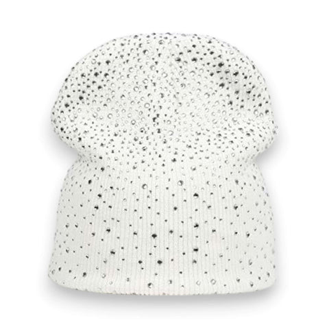 White Glitter Winter Knitted Beanie Cap with rhinestones front view