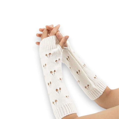 Ripped long arm warmer winter gloves in light brown black or white with distressed knit and thumb holes