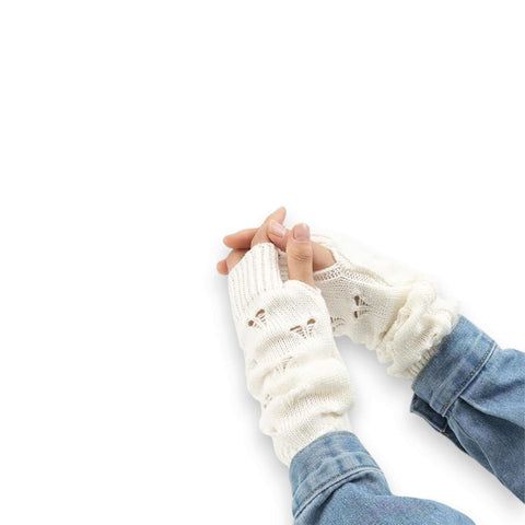 Ripped long arm warmer winter gloves in light brown black or white with distressed knit and thumb holes