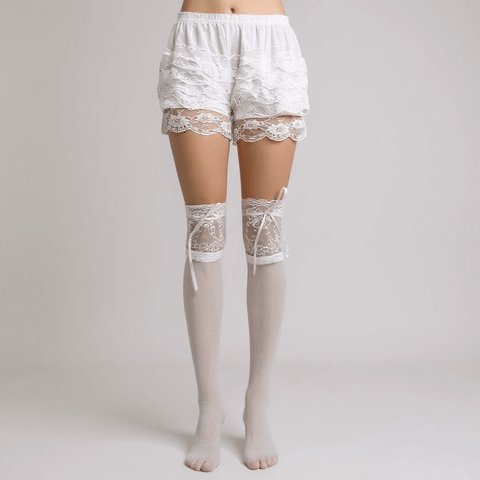 white Lace Ruffle Bloomers Shorts with white knee socks