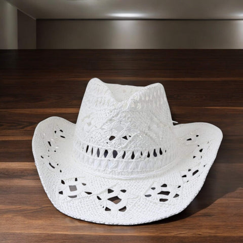 Classic Western Wide Brim Straw Cowboy Hat with hemp rope band in beige, brown, or white. Boho western summer accessory
