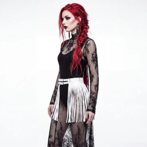 White faux leather skirt fringe belt with dual buckles, studded accents, and long tassel fringe