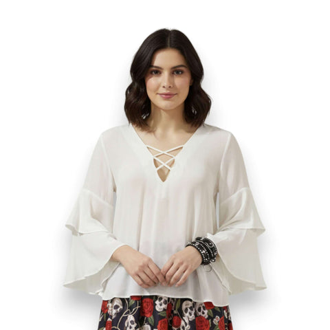 White V-neck long sleeve tiered blouse with ruffle sleeves and crisscross back detail size 4