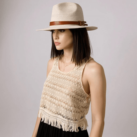 white straw classic panama sun hat with wide brim and double leather strap – summer resort wear sun protection, side view, portable, roll up