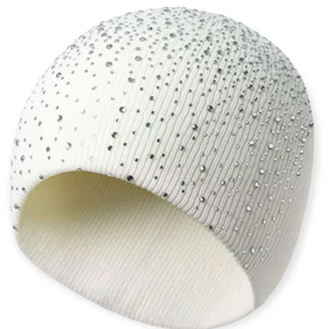 White Glitter Winter Knitted Beanie Cap with rhinestones front view