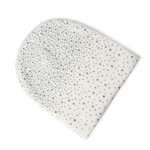 White Glitter Winter Knitted Beanie Cap with rhinestones front view flat lay