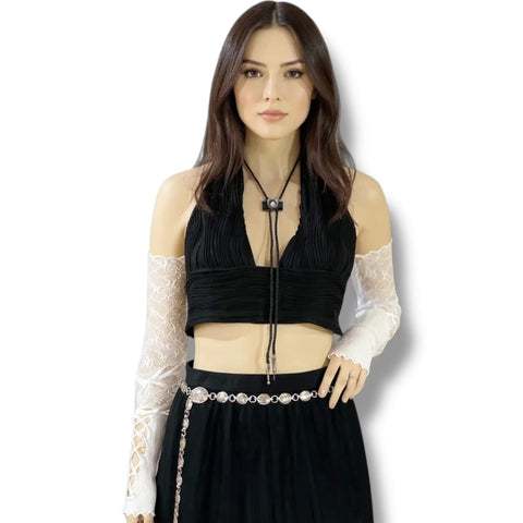 white Long Lace Up Arm Cover Fingerless Gloves woman wearing with black outfit 