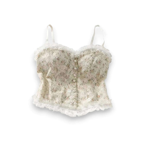 White Pink Floral Ruffle Lace Bustier Top
