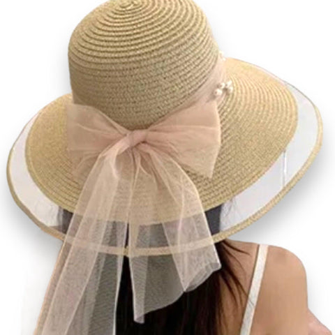 Elegant Peachy Pearl Bow Wide Brim Straw Sun Hat- Wild Time Fashion