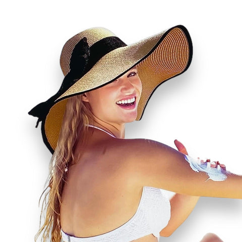 Soft Brown Exquisite Wide Brim Straw Sun Black Trim Ribbon Band Panama Hat - One Size Fits Most - Wild Time Fashion