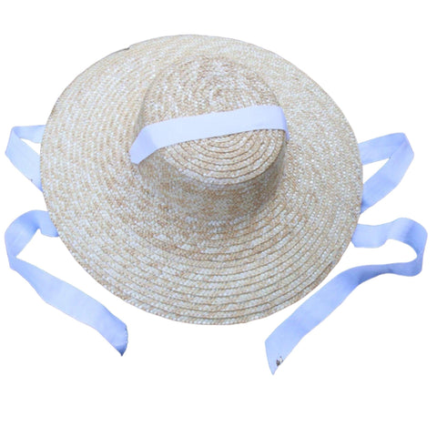 Women's Long White Ribbon Wide Brim Flat Top Summer Straw Boater Hat - Wild Time Fashion