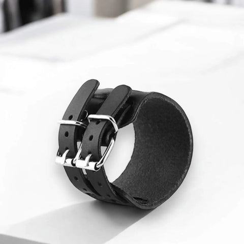 Wide Leather Double Buckle Cuff Bracelet black with silver buckles unisex 