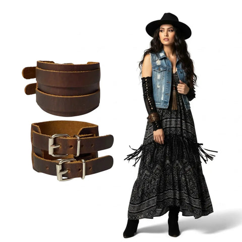 Wide Leather Double Buckle Cuff Bracelet brown with silver buckles unisex 