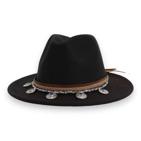 Boho Western Fedora Hat in Large XL women’s fit with wide stiff brim, tall crown, and concho medallion band in black, green, and brown colors.
