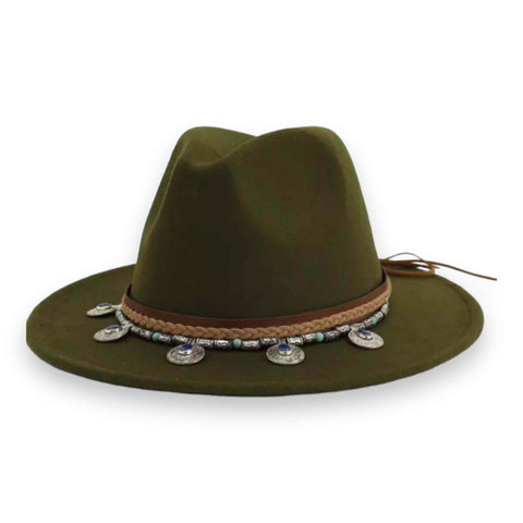 Boho Western Fedora Hat in Large XL women’s fit with wide stiff brim, tall crown, and concho medallion band in black, green, and brown colors.