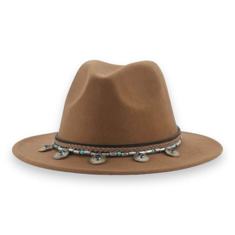 Boho Western Fedora Hat in Large XL women’s fit with wide stiff brim, tall crown, and concho medallion band in black, green, and brown colors.

