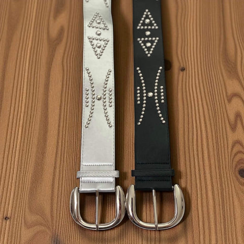 Silver Studded Wide Statement Belt for women black or metallic on wood background