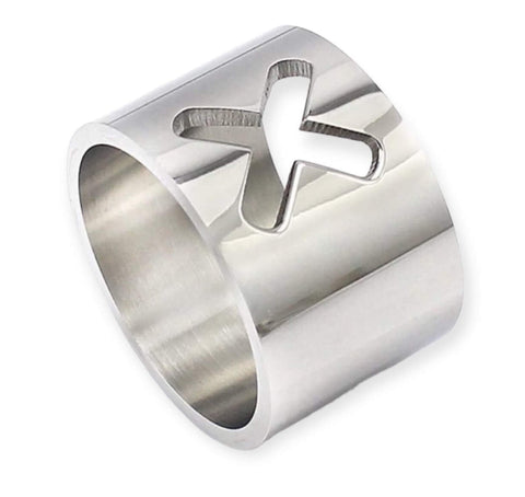 Stainless steel cut out X wide band ring in silver with hollow X detail, extra wide bold style jewelry