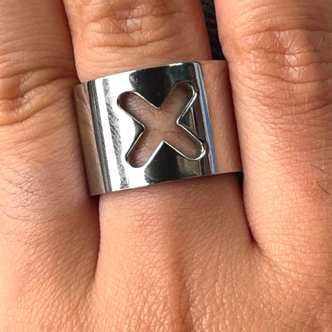 Stainless steel cut out X wide band ring in silver with hollow X detail, extra wide bold style jewelry