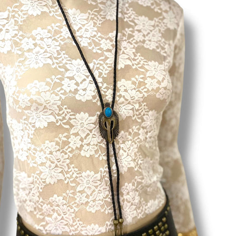 Antique Bird Turquoise Western Necktie Faux Turquoise wild West Bolo Tie