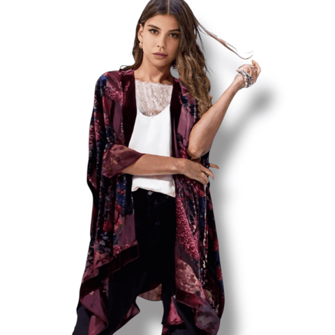 Elegant Floral Velvet Kimono Jacket with burgundy red base and blue-orange velvet embroidery, open front layering