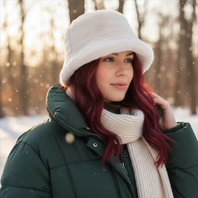 women’s soft faux fur winter bucket hat plush fluffy reversible with 2.5 inch brim in winter white dark brown or black streetwear headwear