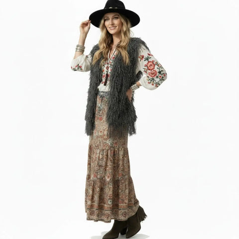 Women's Crochet Knit Fringed Shaggy Vest in charcoal gray boho festival styles/ medium / large
