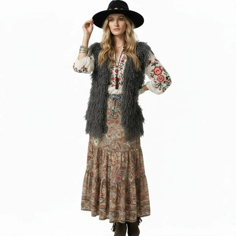 Women's Crochet Knit Fringed Shaggy Vest in charcoal gray boho festival styles/ medium / large