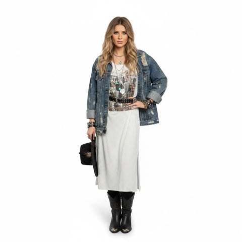 Women's Sleeveless Graphic T-Shirt Midi Dress off white with silver heart graphic side splits  / medium
